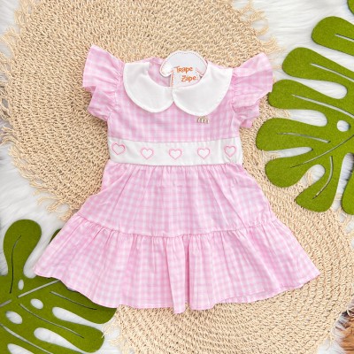 Vestido Xadrez com Corações Bordados - Rosa
